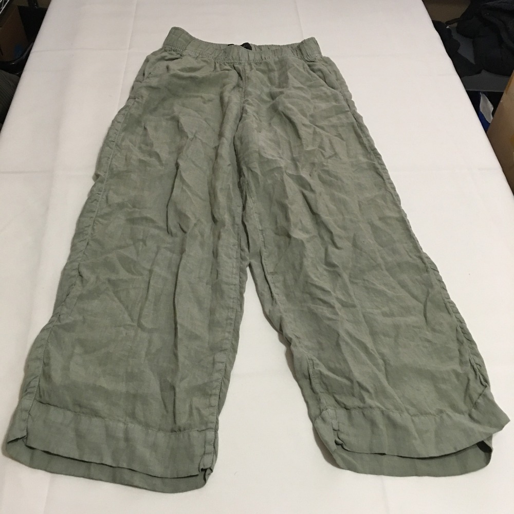Tahari Linen Pants Womens Small Green Wide Leg Elastic Waist